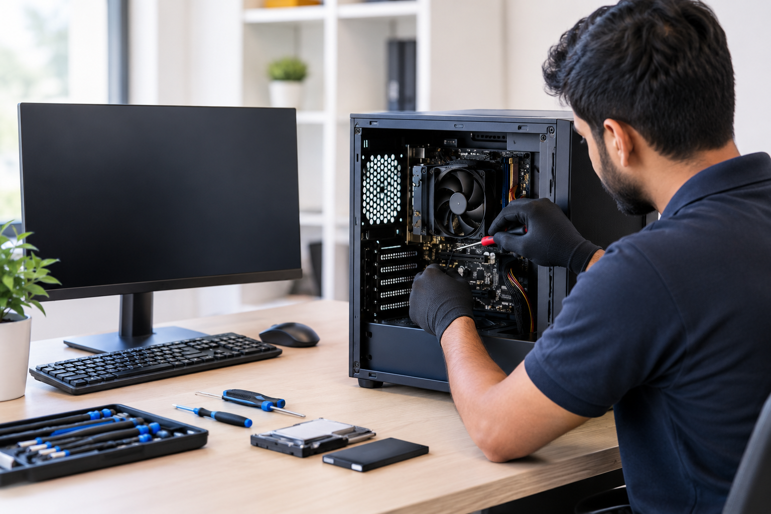 Desktop repair technician servicing a computer in Dubai